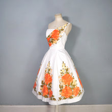 Load image into Gallery viewer, 50s 60s WHITE AND VIVID ORANGE FLORAL ONE SHOULDER FIT AND FLARE DRESS - XS-S