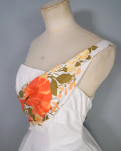 Load image into Gallery viewer, 50s 60s WHITE AND VIVID ORANGE FLORAL ONE SHOULDER FIT AND FLARE DRESS - XS-S
