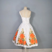 Load image into Gallery viewer, 50s 60s WHITE AND VIVID ORANGE FLORAL ONE SHOULDER FIT AND FLARE DRESS - XS-S