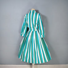 Load image into Gallery viewer, 50s 60s COLOURFUL GREEN AND WHITE STRIPE SHIRTWAIST WITH FULL SKIRT - S