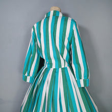 Load image into Gallery viewer, 50s 60s COLOURFUL GREEN AND WHITE STRIPE SHIRTWAIST WITH FULL SKIRT - S