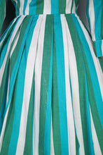 Load image into Gallery viewer, 50s 60s COLOURFUL GREEN AND WHITE STRIPE SHIRTWAIST WITH FULL SKIRT - S