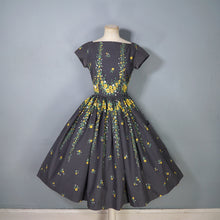 Load image into Gallery viewer, 50s VICTOR JOSSELYN GREY AND YELLOW FLORAL FULL SKIRTED COTTON DRESS - S