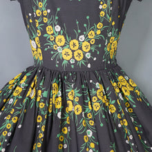 Load image into Gallery viewer, 50s VICTOR JOSSELYN GREY AND YELLOW FLORAL FULL SKIRTED COTTON DRESS - S