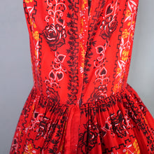 Load image into Gallery viewer, 50s RED FULL SKIRTED DRESS WITH HEART AND ROSE PRINT - S