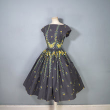 Load image into Gallery viewer, 50s VICTOR JOSSELYN GREY AND YELLOW FLORAL FULL SKIRTED COTTON DRESS - S