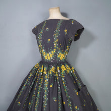 Load image into Gallery viewer, 50s VICTOR JOSSELYN GREY AND YELLOW FLORAL FULL SKIRTED COTTON DRESS - S
