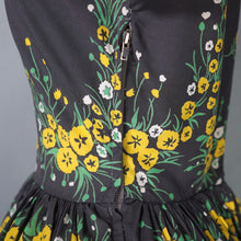 Load image into Gallery viewer, 50s VICTOR JOSSELYN GREY AND YELLOW FLORAL FULL SKIRTED COTTON DRESS - S