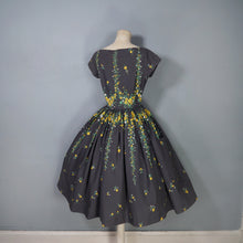 Load image into Gallery viewer, 50s VICTOR JOSSELYN GREY AND YELLOW FLORAL FULL SKIRTED COTTON DRESS - S