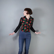 Load image into Gallery viewer, 60s 70s BLACK WOOL JERSEY ROSE PATTERN FLORAL CARDIGAN - XS