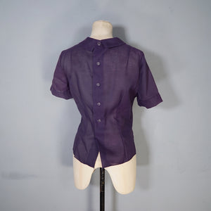 50s AUBERGINE COLOURED SEMI SHEER SHORT SLEEVE BLOUSE TOP - M