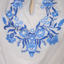 Load image into Gallery viewer, 70s WHITE HUNGARIAN FOLK BLOUSE WITH BLUE FLORAL EMBROIDERY - S