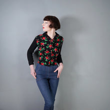 Load image into Gallery viewer, 60s 70s BLACK WOOL JERSEY ROSE PATTERN FLORAL CARDIGAN - XS