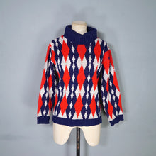 Load image into Gallery viewer, 60s STANLEY HENWOOD BLUE RED AND WHITE DIAMOND PATTERN ROLL NECK JUMPER - S-M