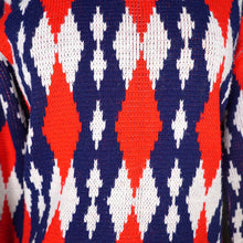 Load image into Gallery viewer, 60s STANLEY HENWOOD BLUE RED AND WHITE DIAMOND PATTERN ROLL NECK JUMPER - S-M