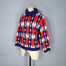 Load image into Gallery viewer, 60s STANLEY HENWOOD BLUE RED AND WHITE DIAMOND PATTERN ROLL NECK JUMPER - S-M