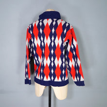 Load image into Gallery viewer, 60s STANLEY HENWOOD BLUE RED AND WHITE DIAMOND PATTERN ROLL NECK JUMPER - S-M