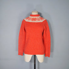 Load image into Gallery viewer, 60s 70s HANDKNITTED BRIGHT ORANGE FAIRISLE YOKE WOOL JUMPER - S-M