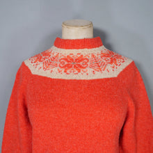 Load image into Gallery viewer, 60s 70s HANDKNITTED BRIGHT ORANGE FAIRISLE YOKE WOOL JUMPER - S-M
