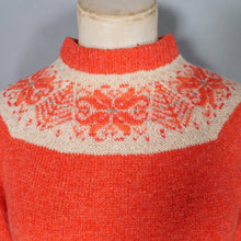 Load image into Gallery viewer, 60s 70s HANDKNITTED BRIGHT ORANGE FAIRISLE YOKE WOOL JUMPER - S-M