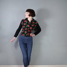 Load image into Gallery viewer, 60s 70s BLACK WOOL JERSEY ROSE PATTERN FLORAL CARDIGAN - XS