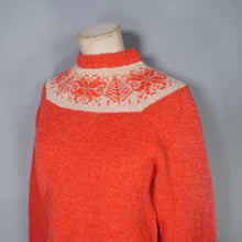 Load image into Gallery viewer, 60s 70s HANDKNITTED BRIGHT ORANGE FAIRISLE YOKE WOOL JUMPER - S-M