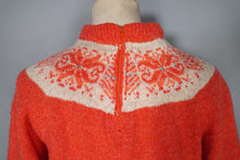Load image into Gallery viewer, 60s 70s HANDKNITTED BRIGHT ORANGE FAIRISLE YOKE WOOL JUMPER - S-M