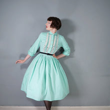 Load image into Gallery viewer, 50s 60s PASTEL APPLE GREEN SLEEVED FULL SKIRTED SHIRT DRESS WITH LACE BANDS - S