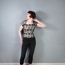 Load image into Gallery viewer, 50s WHITE SATIN WITH BLACK LACE OVERLAY EVENING BLOUSE - S-M