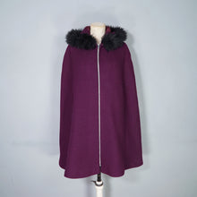 Load image into Gallery viewer, 60s WARM PLUM PURPLE CAPE COAT WITH FAUX FUR HOOD - S