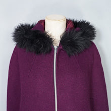 Load image into Gallery viewer, 60s WARM PLUM PURPLE CAPE COAT WITH FAUX FUR HOOD - S
