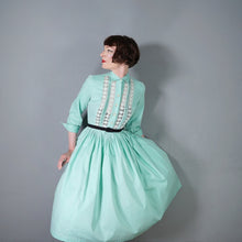 Load image into Gallery viewer, 50s 60s PASTEL APPLE GREEN SLEEVED FULL SKIRTED SHIRT DRESS WITH LACE BANDS - S