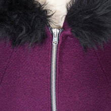 Load image into Gallery viewer, 60s WARM PLUM PURPLE CAPE COAT WITH FAUX FUR HOOD - S