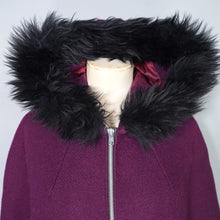 Load image into Gallery viewer, 60s WARM PLUM PURPLE CAPE COAT WITH FAUX FUR HOOD - S