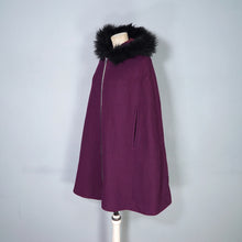 Load image into Gallery viewer, 60s WARM PLUM PURPLE CAPE COAT WITH FAUX FUR HOOD - S