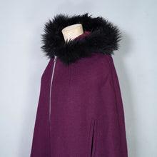 Load image into Gallery viewer, 60s WARM PLUM PURPLE CAPE COAT WITH FAUX FUR HOOD - S