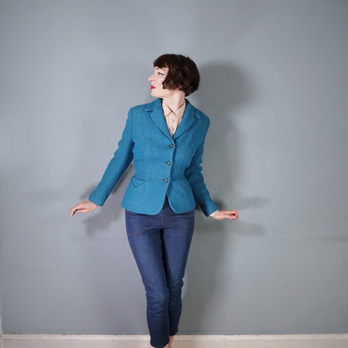 50s / 60s RICH DEEP TURQUOISE MUNROSPUN TWEED FITTED JACKET - S