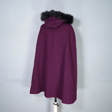 Load image into Gallery viewer, 60s WARM PLUM PURPLE CAPE COAT WITH FAUX FUR HOOD - S