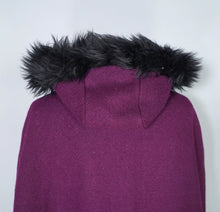 Load image into Gallery viewer, 60s WARM PLUM PURPLE CAPE COAT WITH FAUX FUR HOOD - S