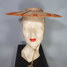 Load image into Gallery viewer, 50s STRAW PLATTER HOLIDAY / SUMMER SUN HAT WITH RIBBON EMBROIDERY