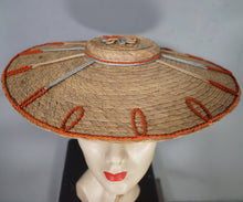 Load image into Gallery viewer, 50s STRAW PLATTER HOLIDAY / SUMMER SUN HAT WITH RIBBON EMBROIDERY