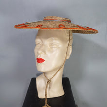 Load image into Gallery viewer, 50s STRAW PLATTER HOLIDAY / SUMMER SUN HAT WITH RIBBON EMBROIDERY