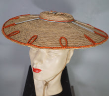 Load image into Gallery viewer, 50s STRAW PLATTER HOLIDAY / SUMMER SUN HAT WITH RIBBON EMBROIDERY