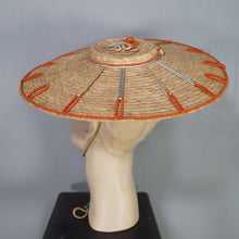 Load image into Gallery viewer, 50s STRAW PLATTER HOLIDAY / SUMMER SUN HAT WITH RIBBON EMBROIDERY