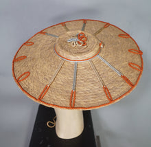 Load image into Gallery viewer, 50s STRAW PLATTER HOLIDAY / SUMMER SUN HAT WITH RIBBON EMBROIDERY