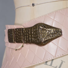Load image into Gallery viewer, 80s PASTEL PINK-CREAM SNAKE HEAD BUCKLE WIDE LEATHER CINCH BELT - 27-30" approx