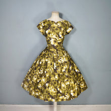 Load image into Gallery viewer, 50s GREEN AND YELLOW ROSE FLORAL PRINT COTTON DRESS - M