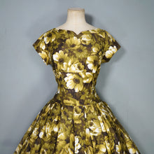 Load image into Gallery viewer, 50s GREEN AND YELLOW ROSE FLORAL PRINT COTTON DRESS - M