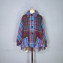 Load image into Gallery viewer, 70s BLUE PLAID FRINGE WOOL CAPE / BLANKET COAT WITH FITTED CUFFS - S-M
