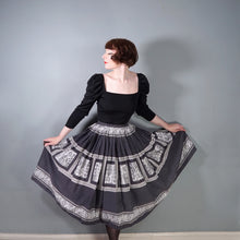 Load image into Gallery viewer, 50s BLACK, GREY AND WHITE EGYPTIAN NOVELTY PRINT SKIRT - 25"
